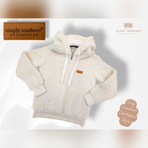Simply Southern Sz Small White Sherpa Fleece Pullover Hoodie And Kangaroo Pouch